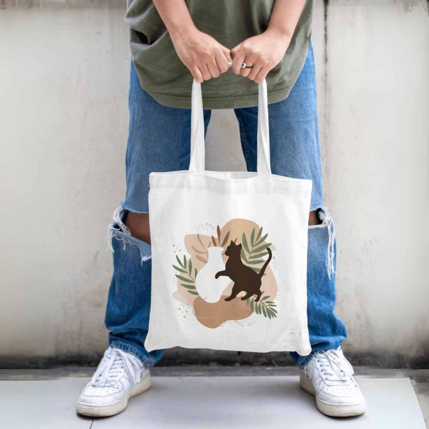 Bohemian Cat White Canvas Tote Bag