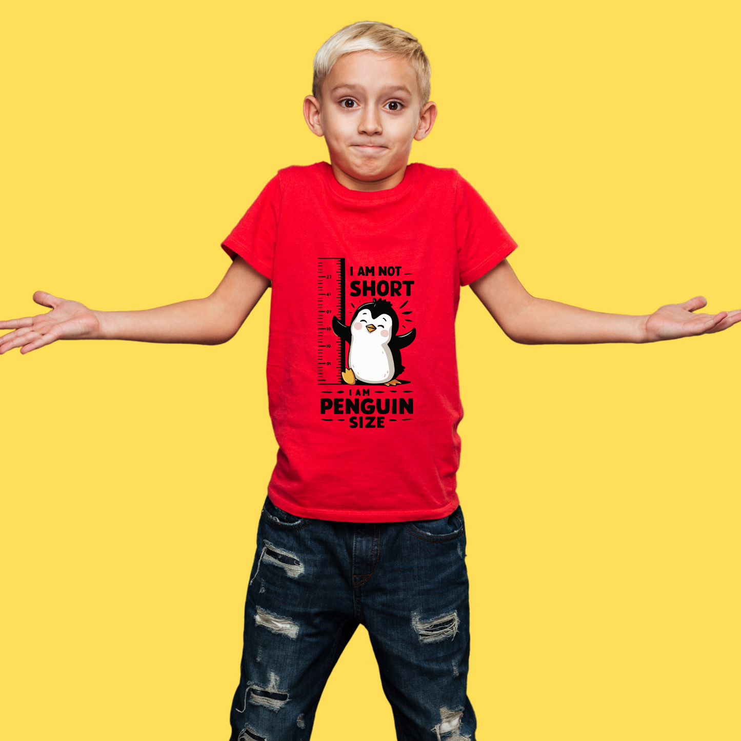 Kids I am not short I am Penguin Size Graphic Printed T-shirt (Unisex)