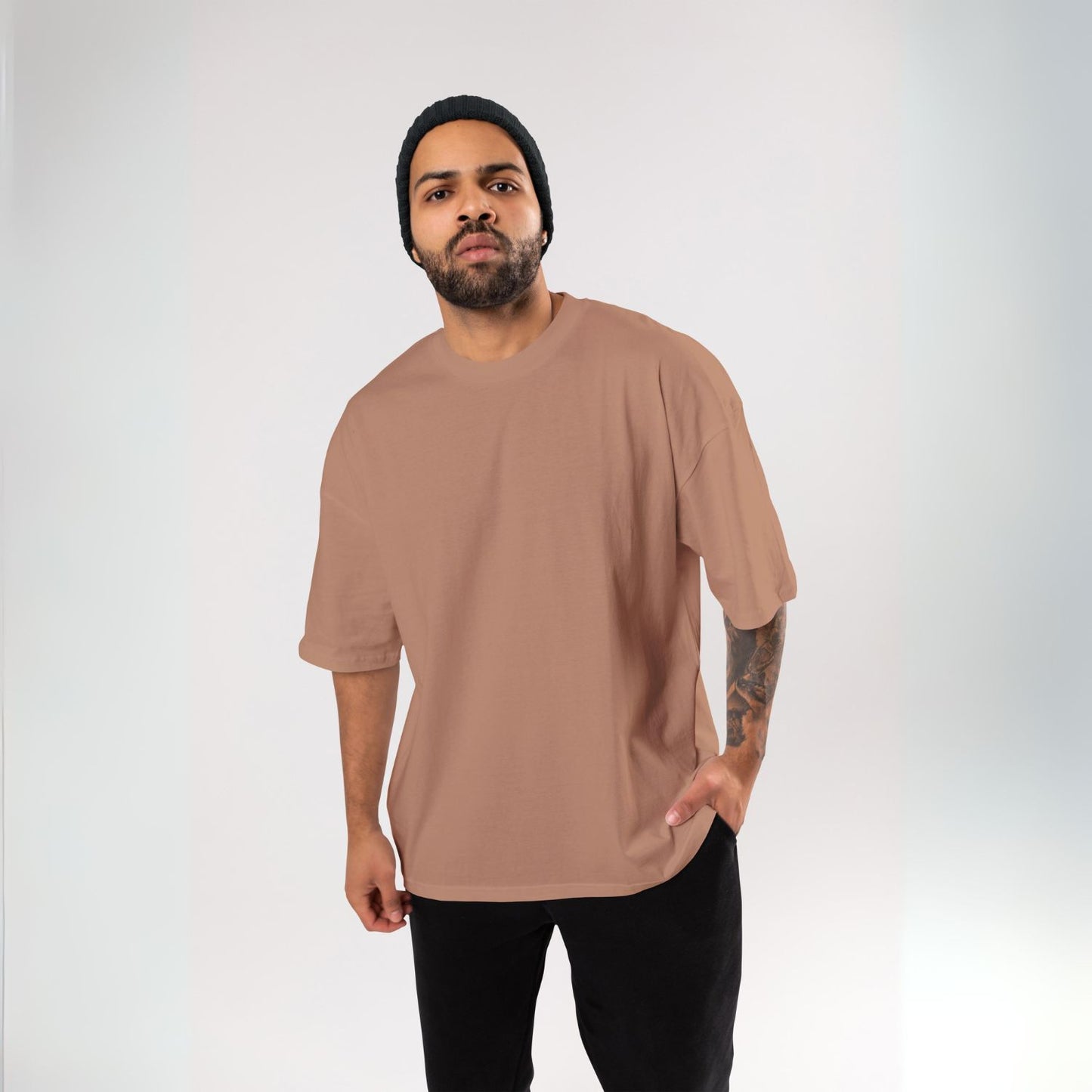 Plain/Solid : Biscuit Brown Oversized T-Shirt for Men