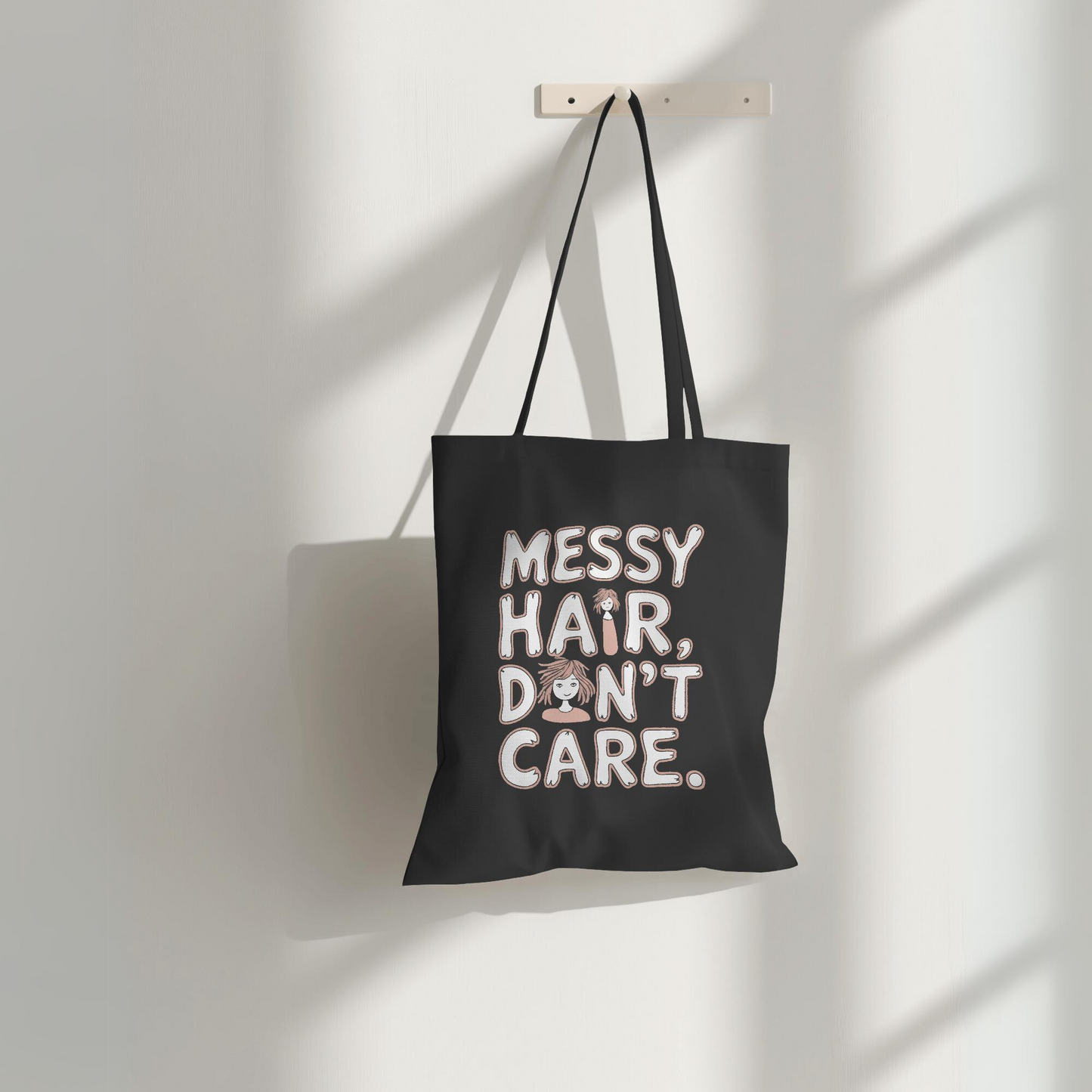 Messy Hair Don't Care Black Canvas Tote Bag