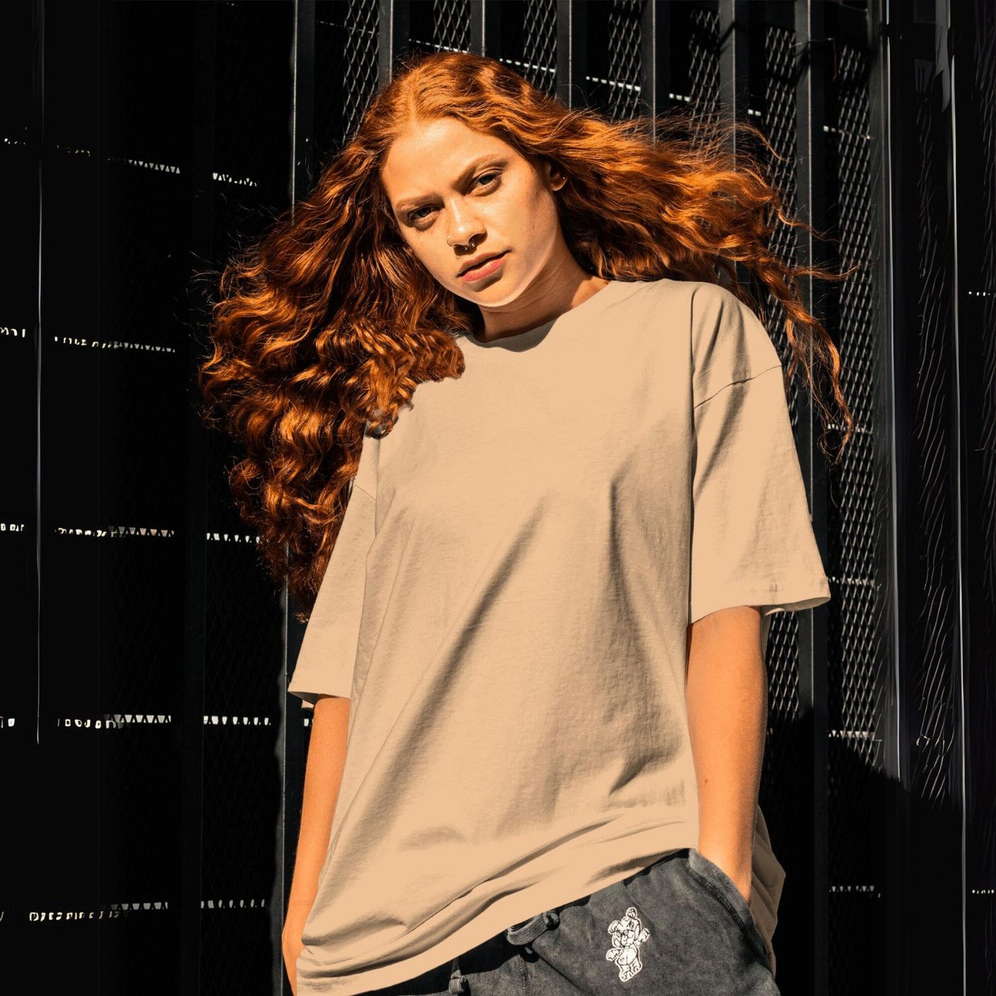 Plain/Solid: Beige Oversized Round Neck T-Shirt Women