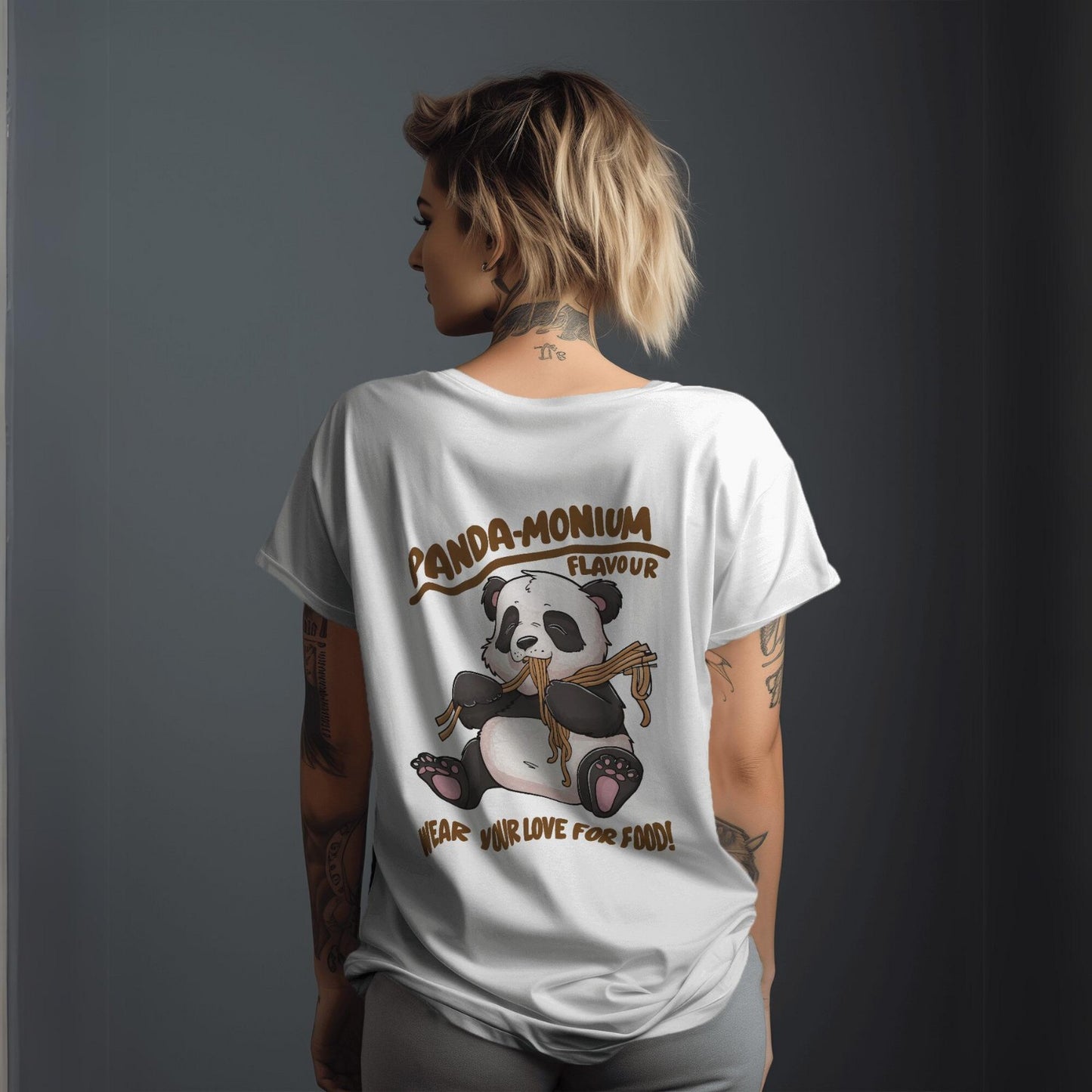 Women's Panda-monium Wear Your Love for Food Graphic Printed T-shirt