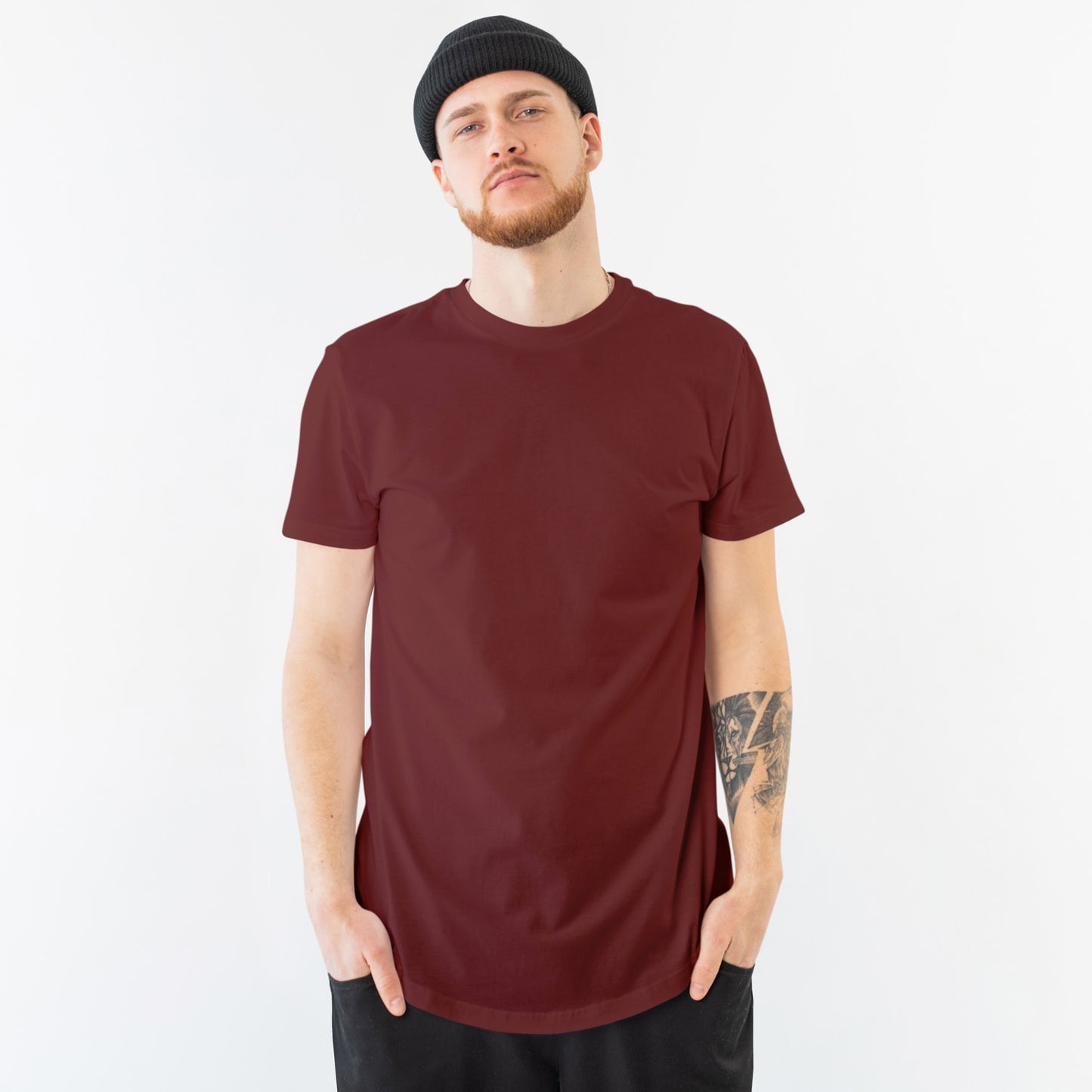 Plain/Solid: Maroon Round Neck T-Shirt Men