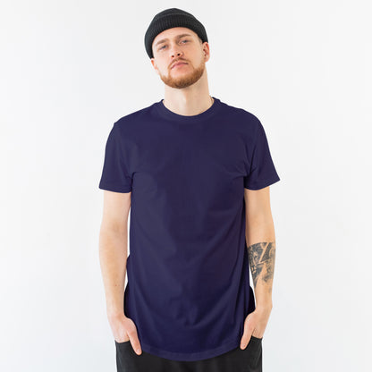 Plain/Solid: Navy Blue Round Neck T-Shirt Men