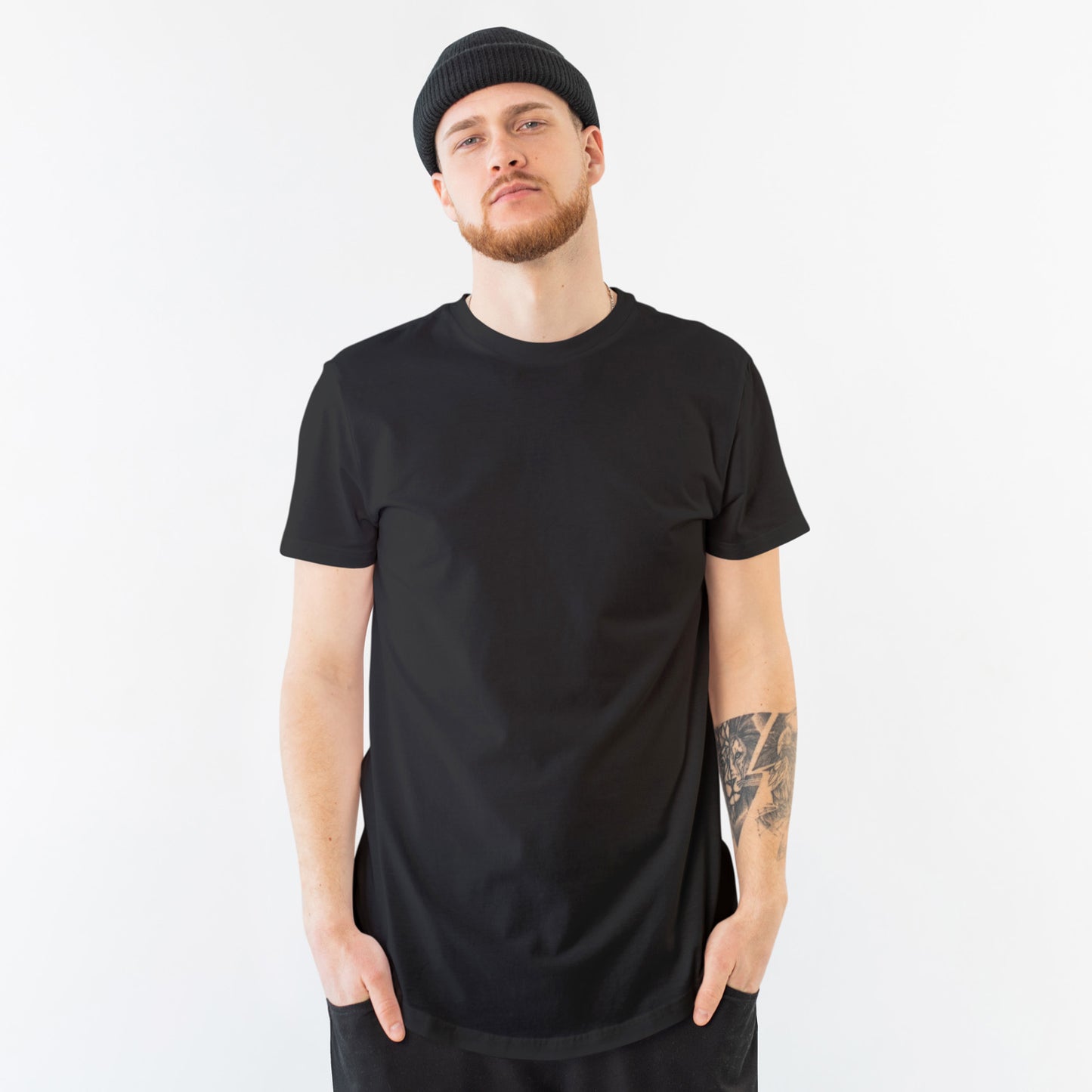 Plain/Solid: Black Round Neck T-Shirt Men