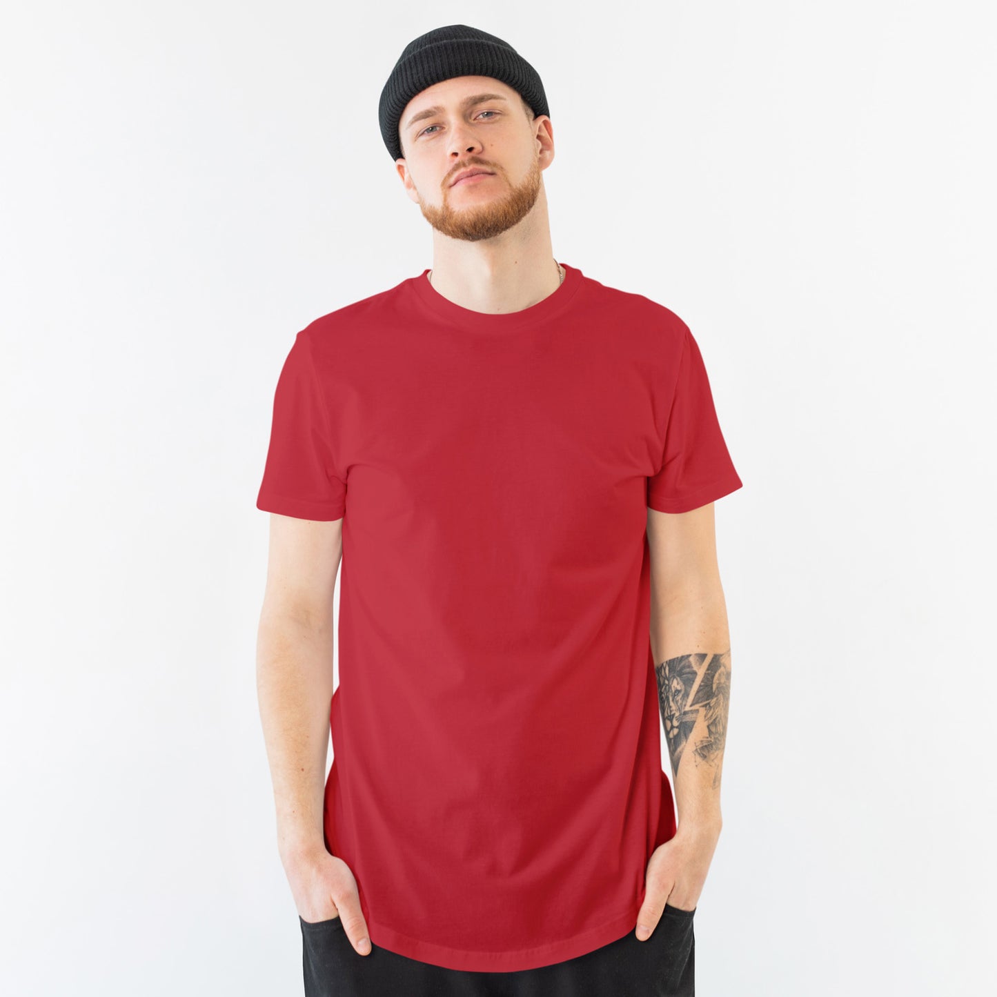 Plain/Solid: Red Round Neck T-Shirt Men