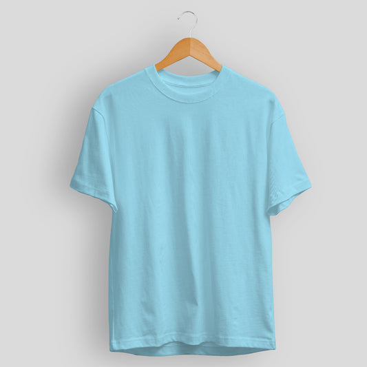 Plain/Solid: Ocean Blue Round Neck T-Shirt Men