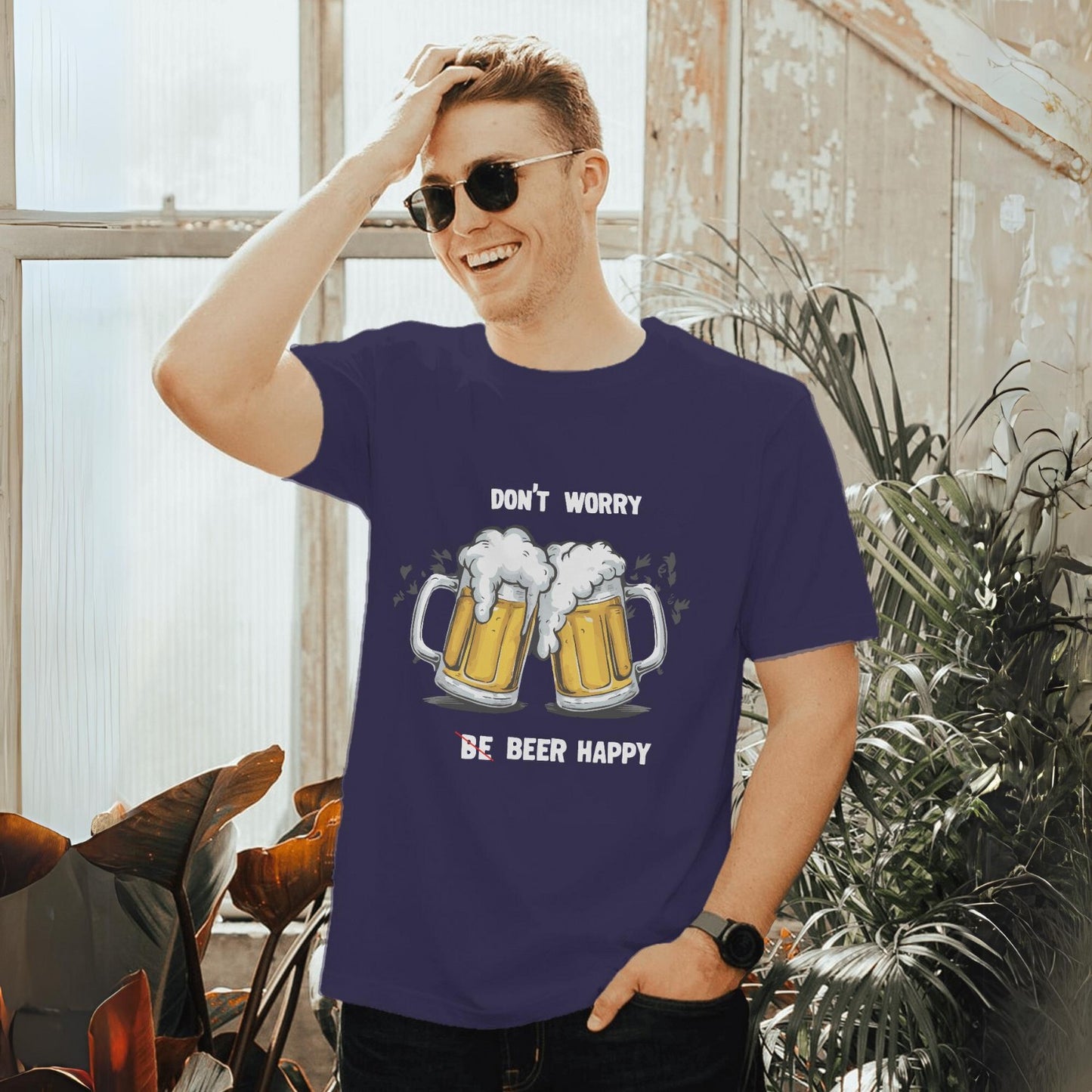 Men's Don't Worry Beer Happy Graphic Printed T-shirt