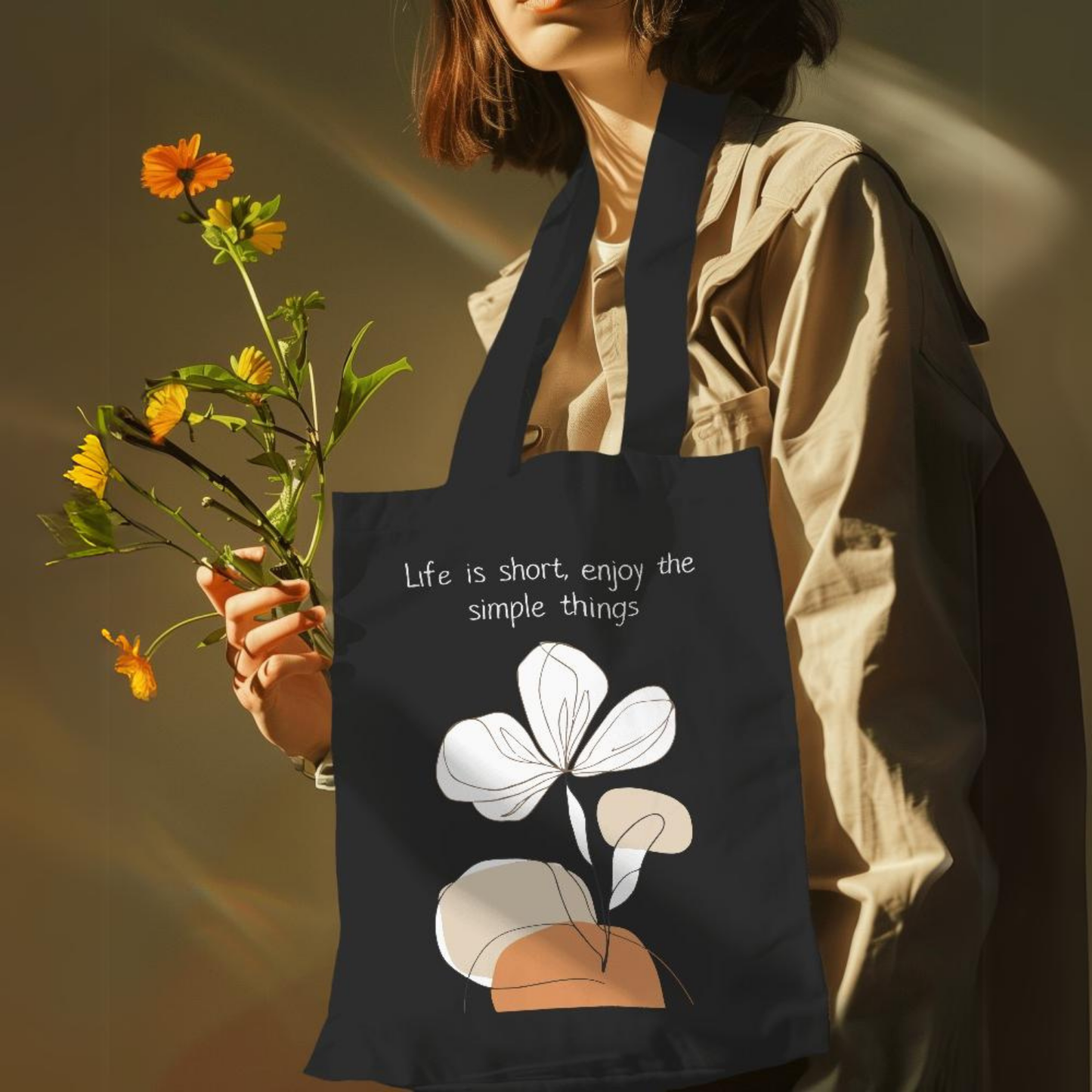 Life is Short, Enjoy Simple things Black Canvas Tote Bag