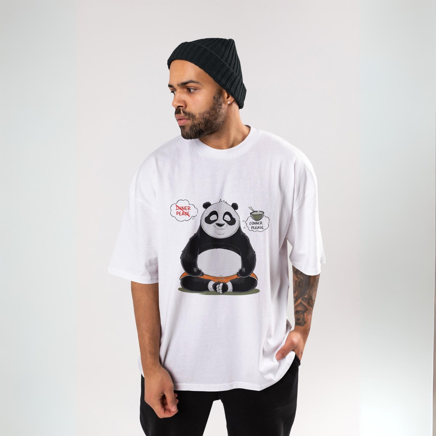 Men's Panda Dinner Please Graphic Printed Oversized T-shirt