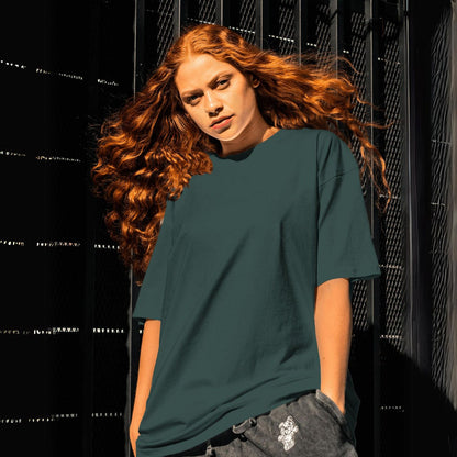 Plain/Solid: Bottle Green Oversized Round Neck T-Shirt Women