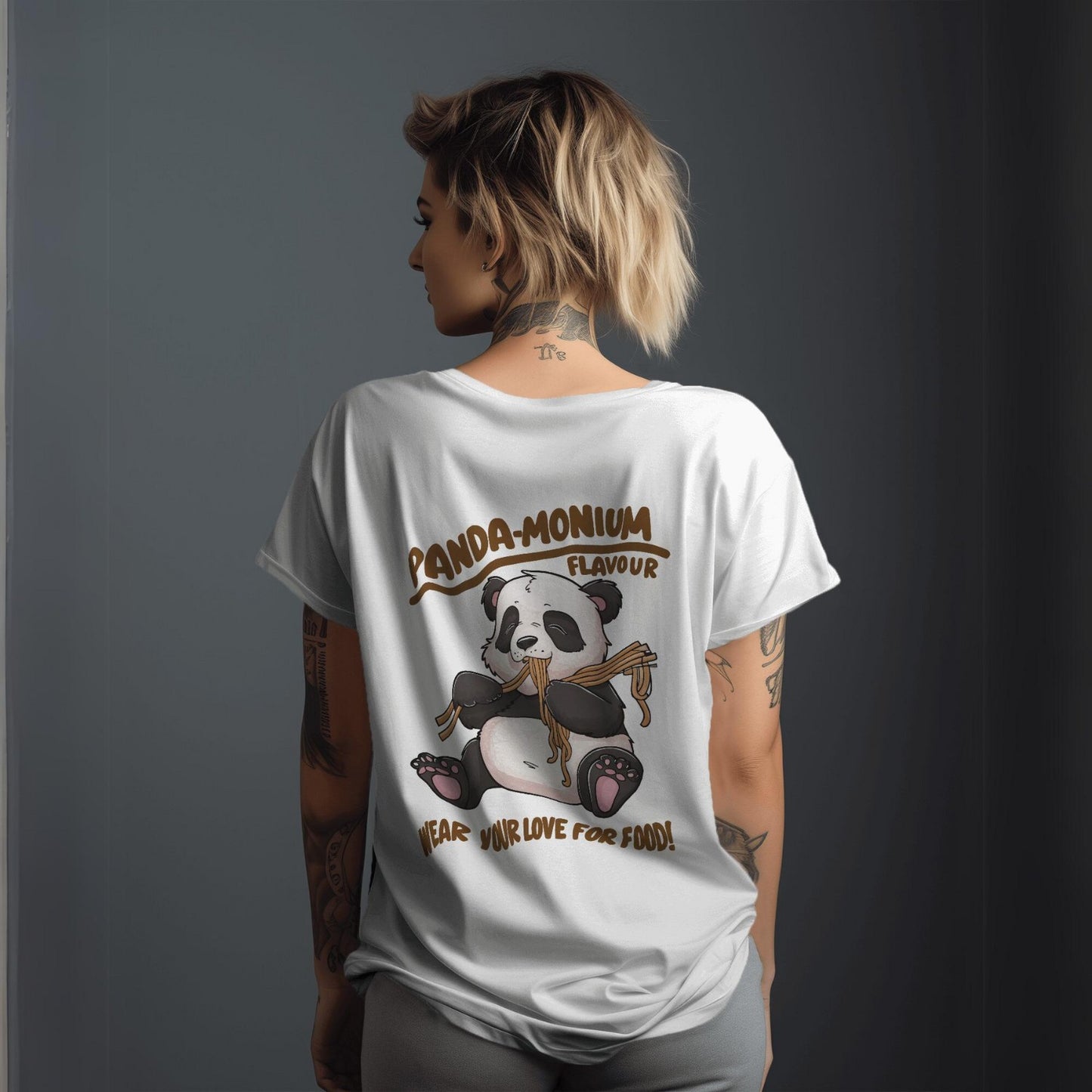 Women's Panda-monium Wear Your Love for Food Graphic Printed Oversized T-shirt