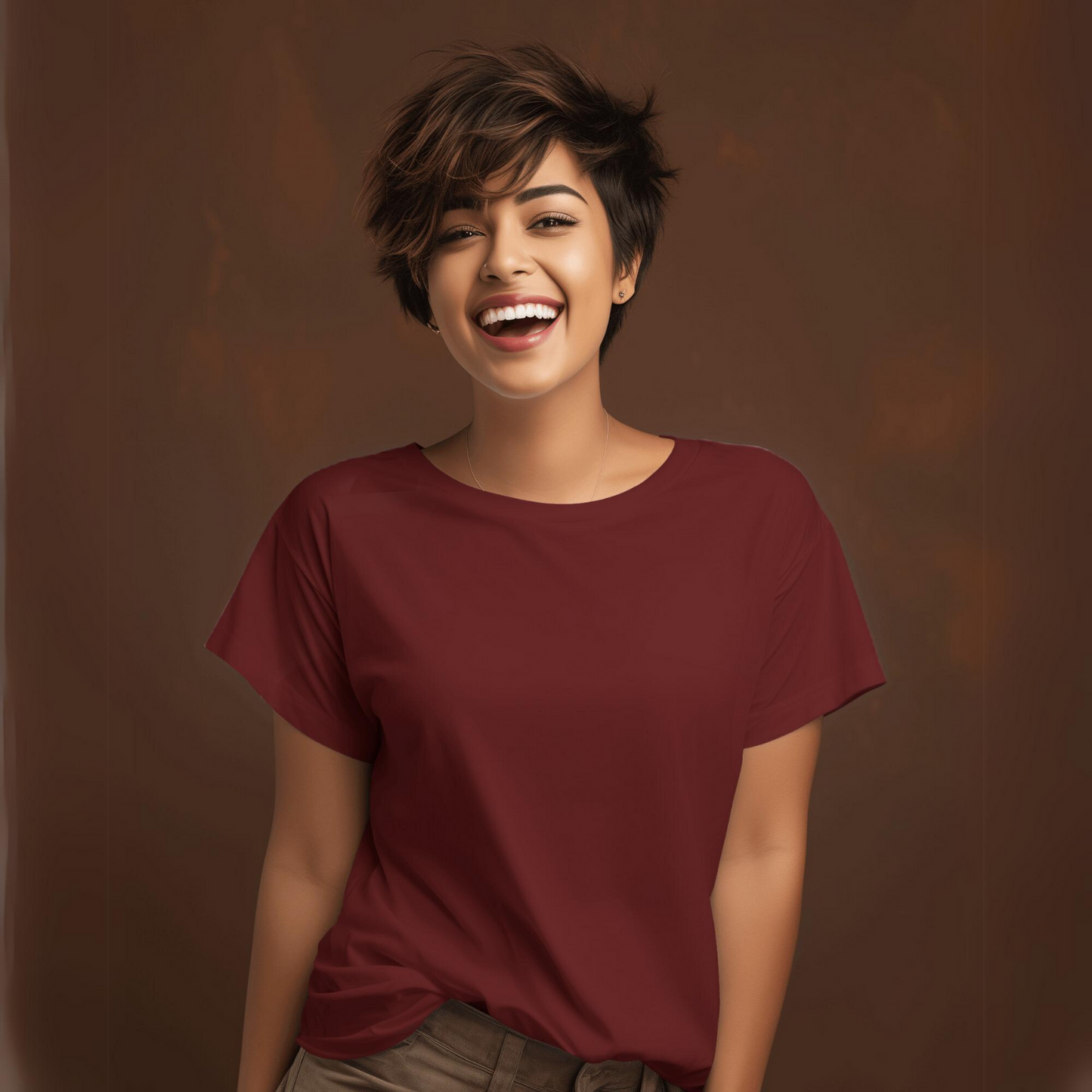 Plain/Solid: Maroon Round Neck T-Shirt Women