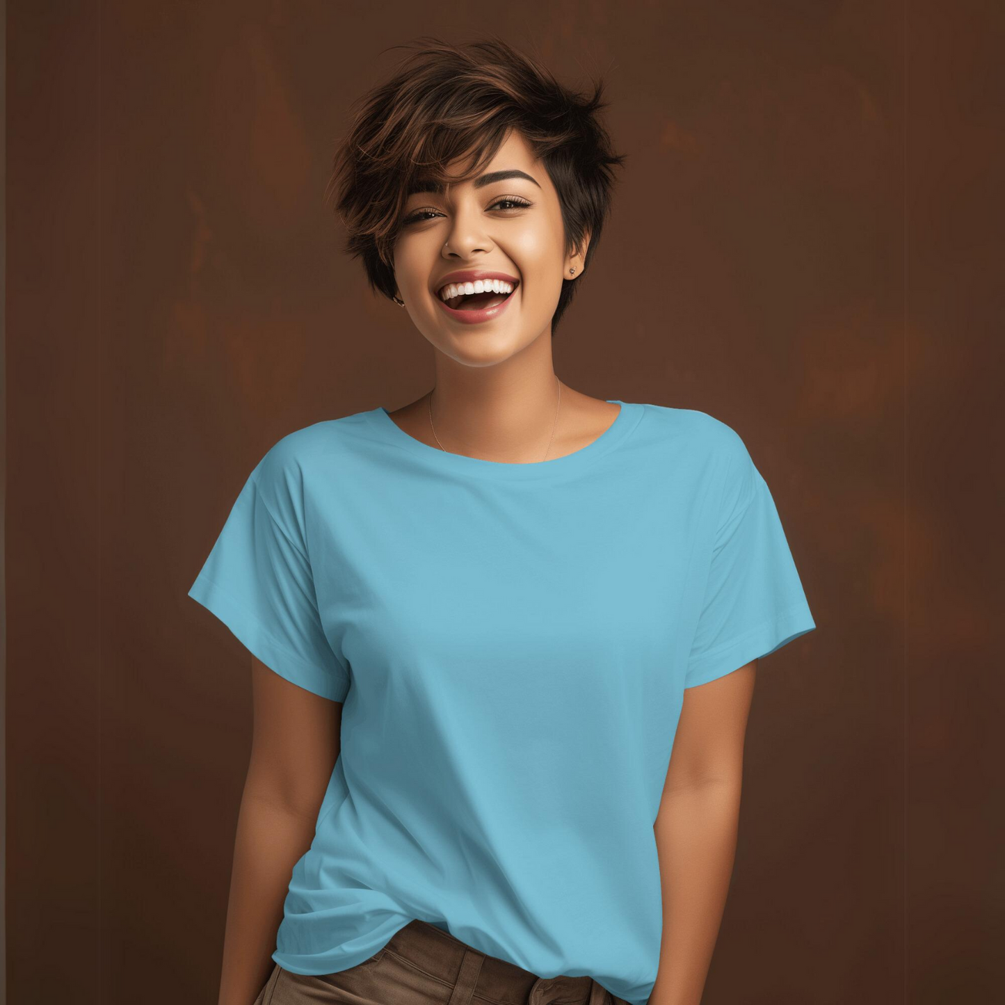 Plain/Solid: Ocean Blue Round Neck T-Shirt Women