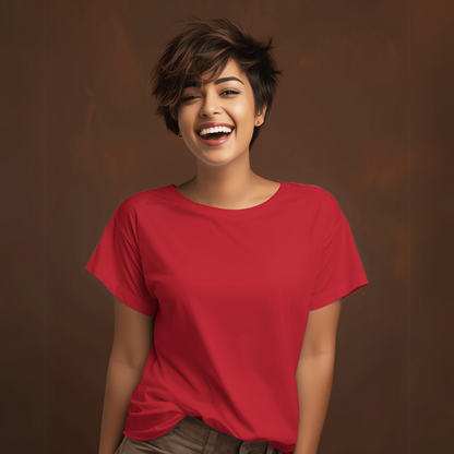 Plain/Solid: Red Round Neck T-Shirt Women