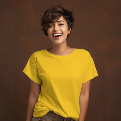 Plain/Solid: Yellow Round Neck T-Shirt Women